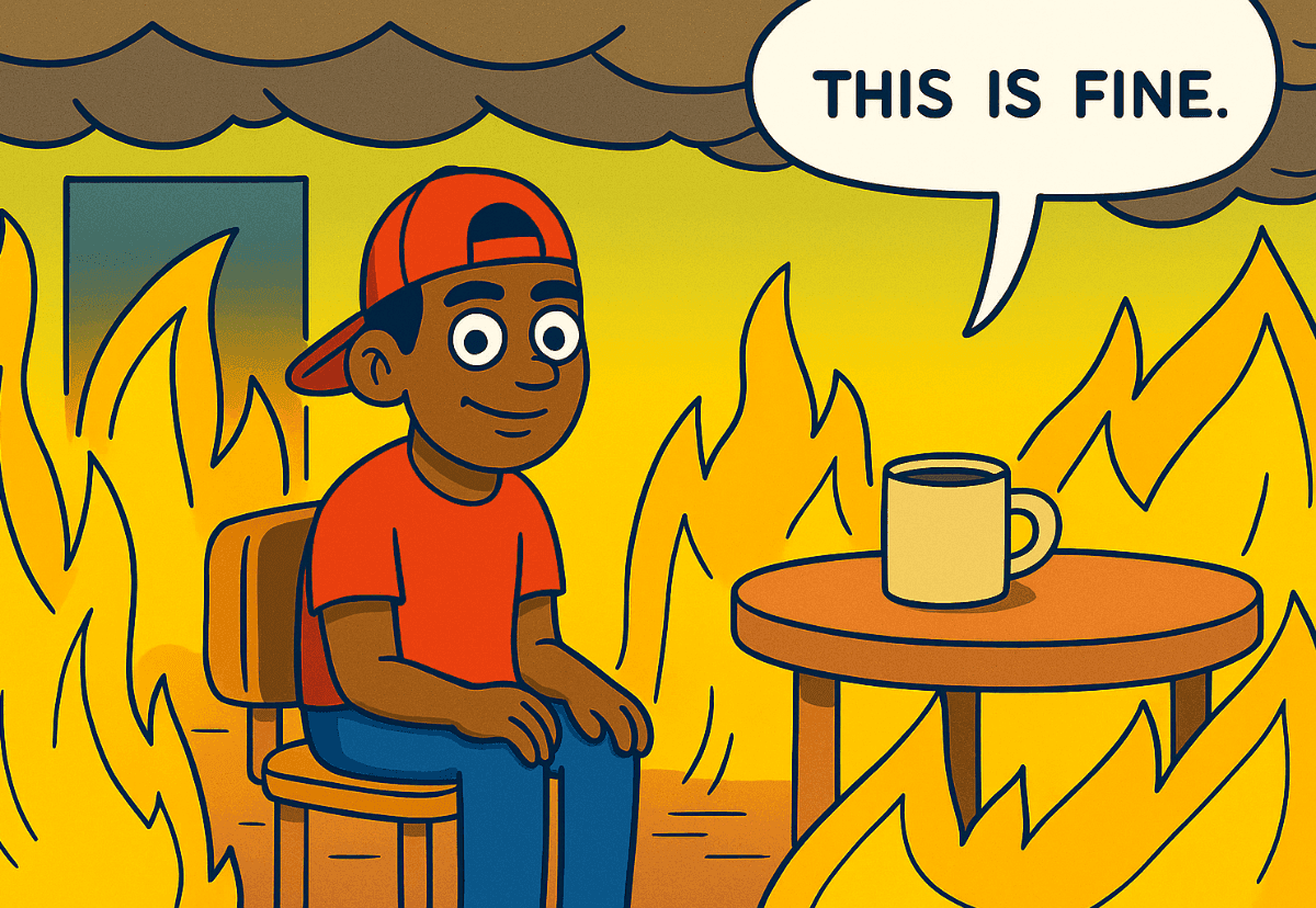 Dog sitting in a room on fire saying 'This is fine' — the entry-level job search experience